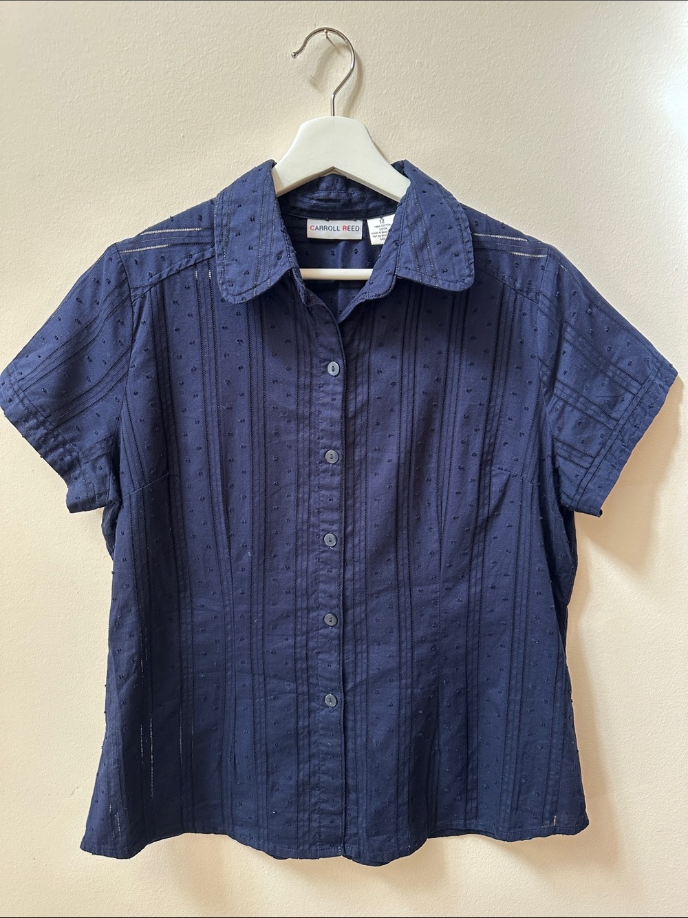 Carroll Reed Navy Short-Sleeve Button-Down pointelle dotted Shirt 100% cotton